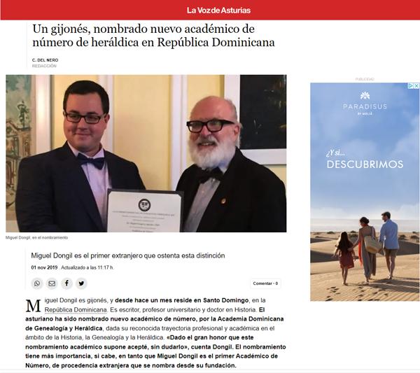 Reseña sobre el nombramiento de Miguel Dongil como Académico de Número de la Academia Dominicana de Genealogía y Heráldica
