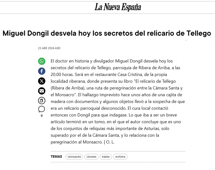 Reseña sobre el libro del Relicario de Tellego de Miguel Dongil