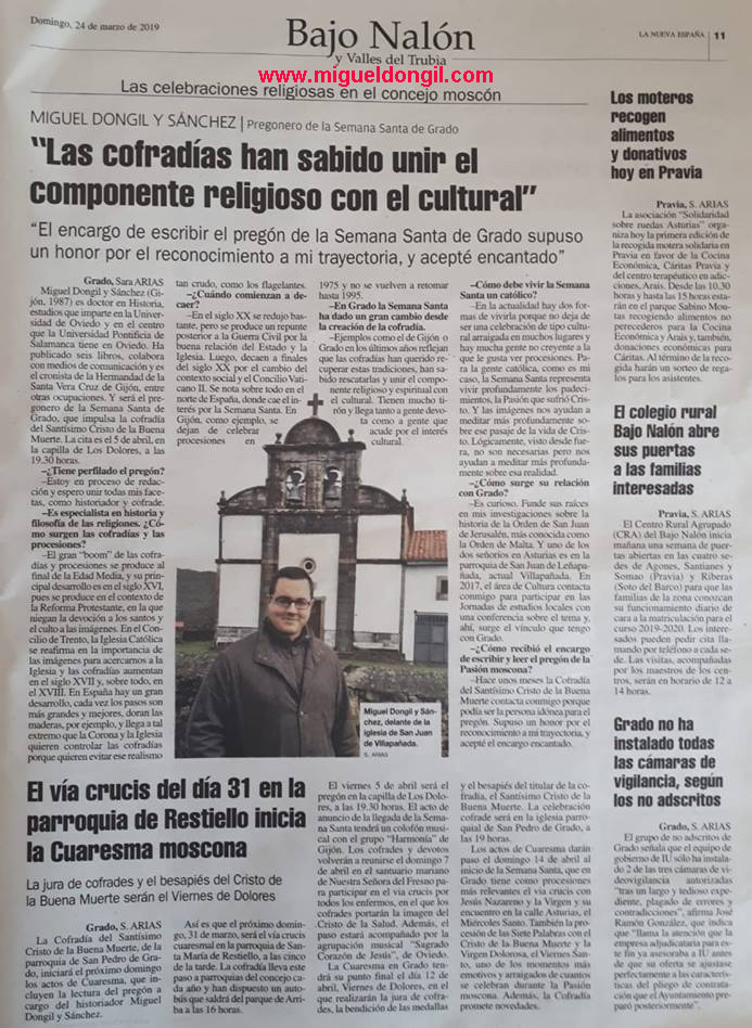 Reseña sobre el pregón de Miguel Dongil en la Semana Santa de Grado en 2019