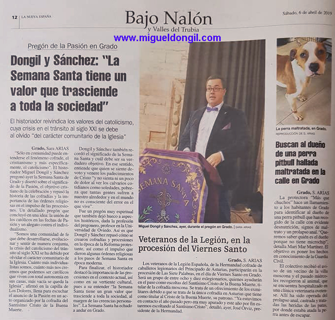 Reseña sobre el pregón de Miguel Dongil en la Semana Santa de Grado en 2019