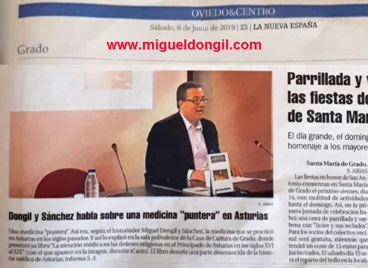 Reseña sobre la presentación del libro de Miguel Dongil sobre las órdenes religiosas y su atención médica, en Grado