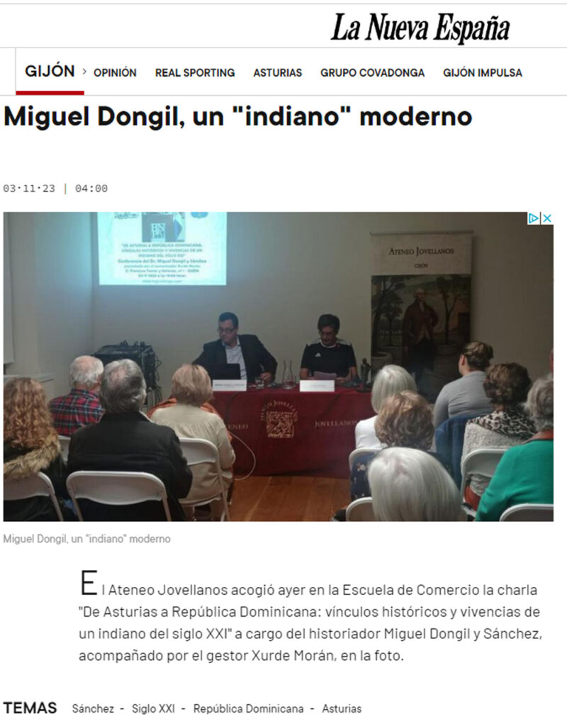 Reseña sobre la presentación de Miguel Dongil de su conferencia sobre la emigración asturiana en R. Dominicana
