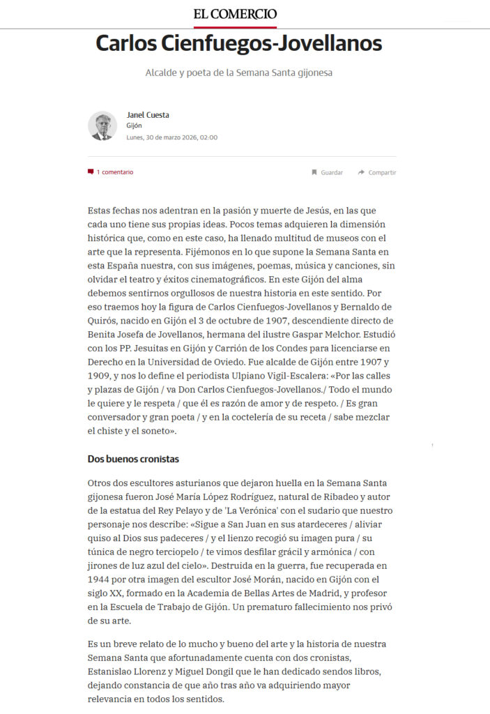 Janel Cuesta reconoce a Miguel Dongil en el diario El Comercio de Gijón el 30 de marzo de 2026